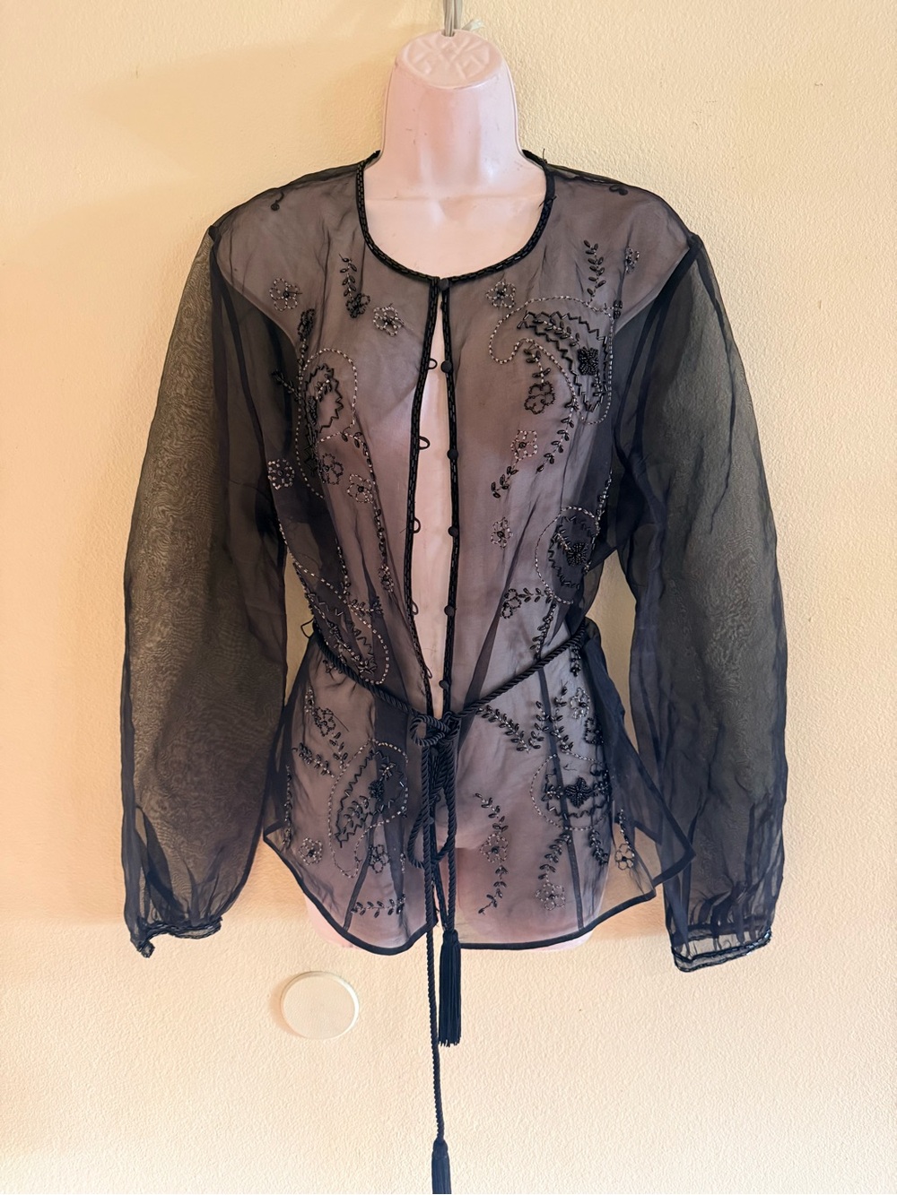 Victoria Royal Ltd Black Sheer Beaded Tie-Waist Button Down Top Silk coverup